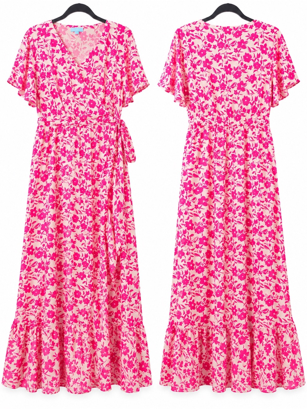 Pink Floral Maxi Dress XL Side Tie Ruffle Hem